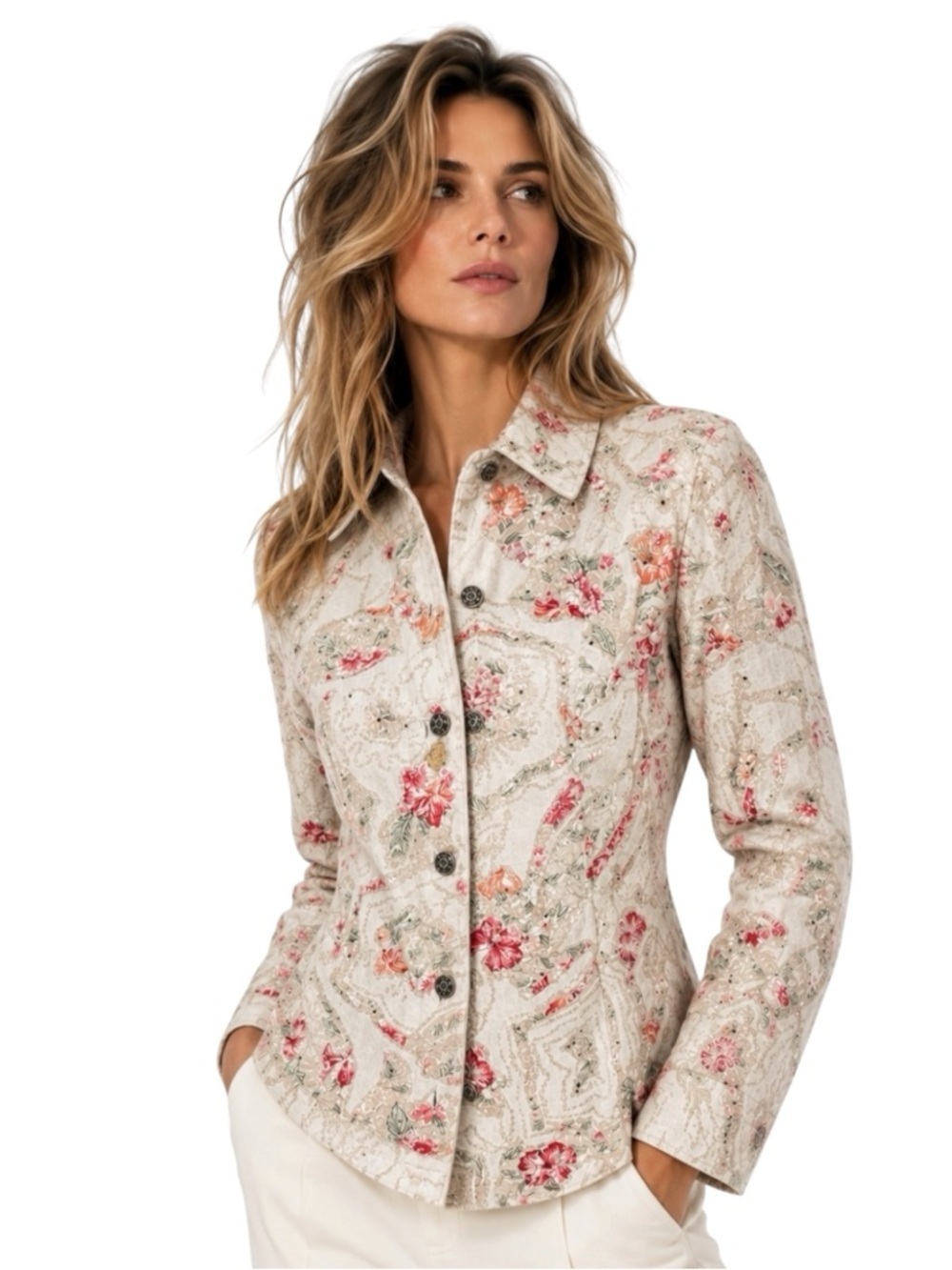 Chico’s Cream Ivory Embroidered Floral Patchwork Denim Jacket Size 1 (M/8) NWOT